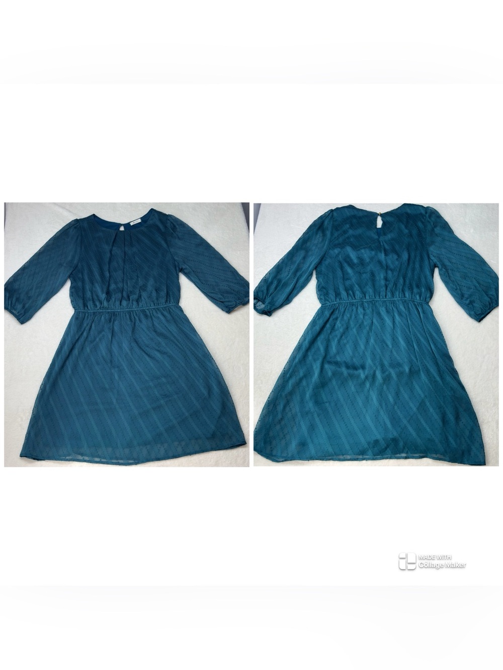 Everly Teal Textured Dress Semi Sheer Sleeves Knee Length Size L - Picture 2 of 10